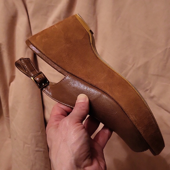 Sasha London rose brown iridescent leather & suede peep-toe wedges, size 8 - Picture 8 of 8